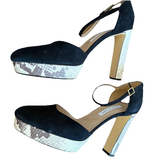 Diane Von Furstenberg Mary Jane Platforms Sz 10 Black Suede Python Pattern Heels - Picture 6 of 12